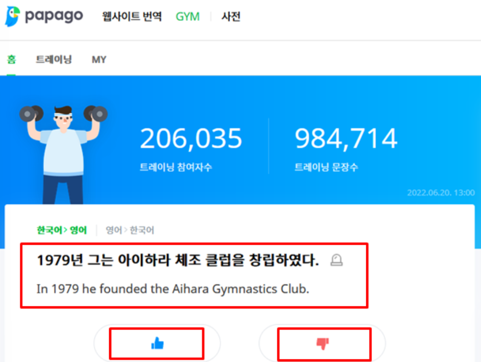 네이버 파파고 번역기 GYM 번역 평가하기
