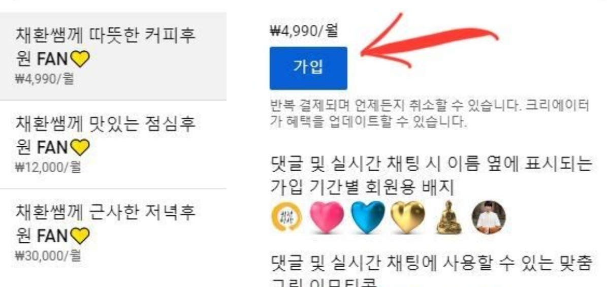 유튜브 멤버십 종류 선택